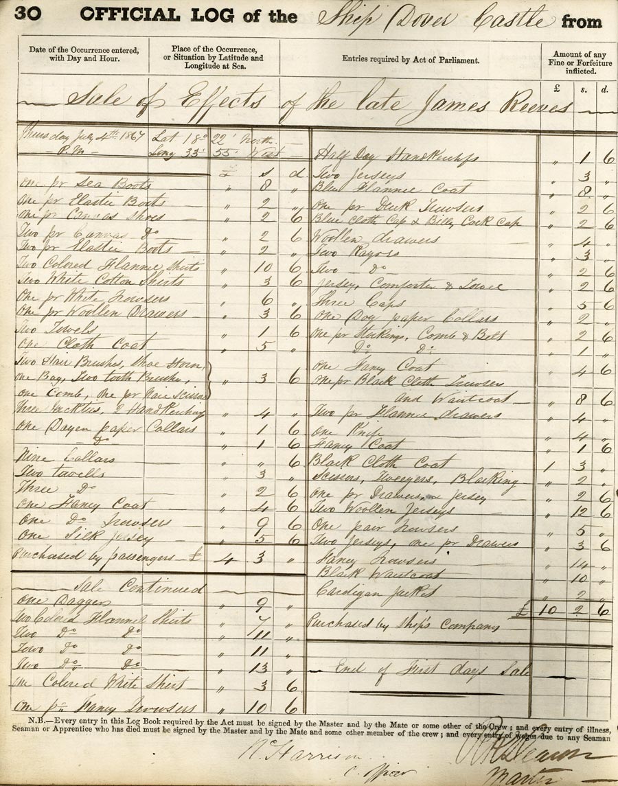 Page 30 of the Log of the Dover Castle, 1867