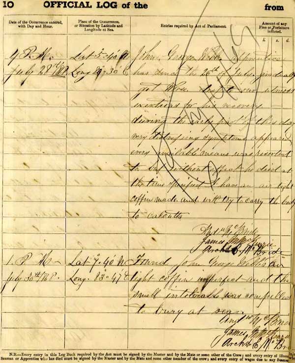 Eastern Belle Official Log Book Entry in 1869