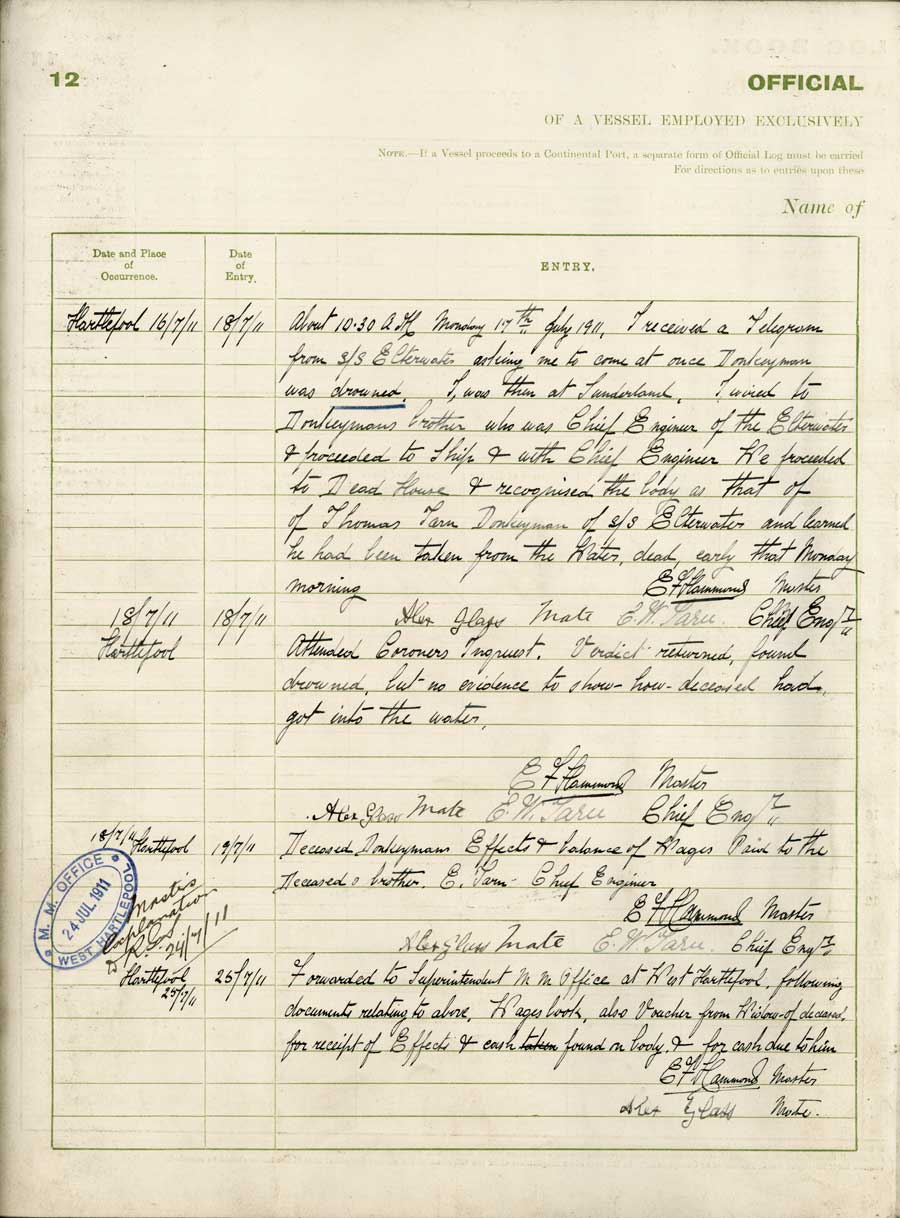 Note in Logbook of the Elterwater, 1911