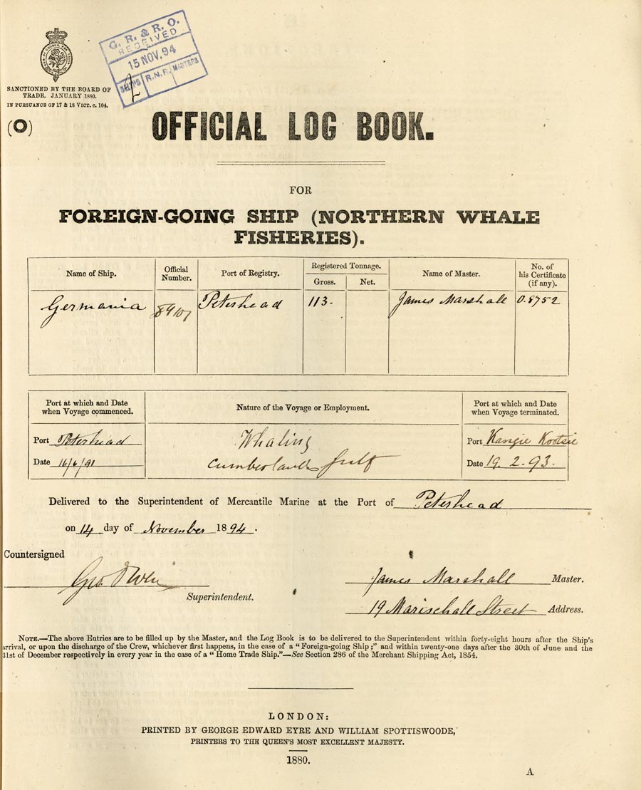 Front Cover of Germania Log, 1891