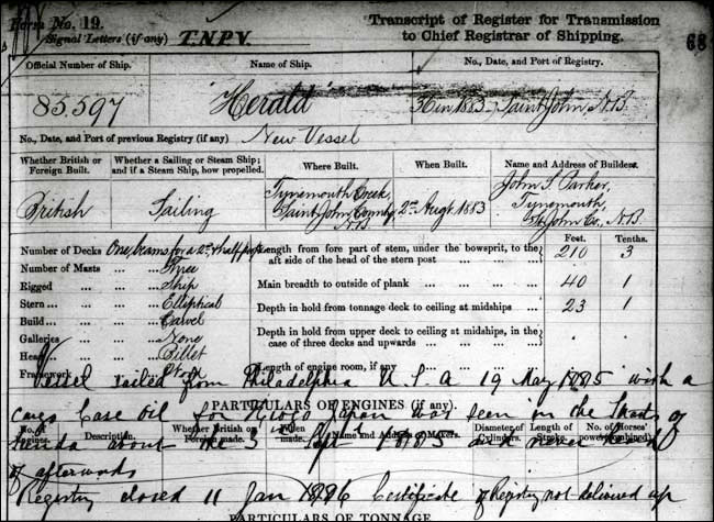 Certificate of Vessel Registry for the Herald