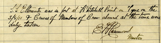 Note in Logbook of the Elterwater, 1911