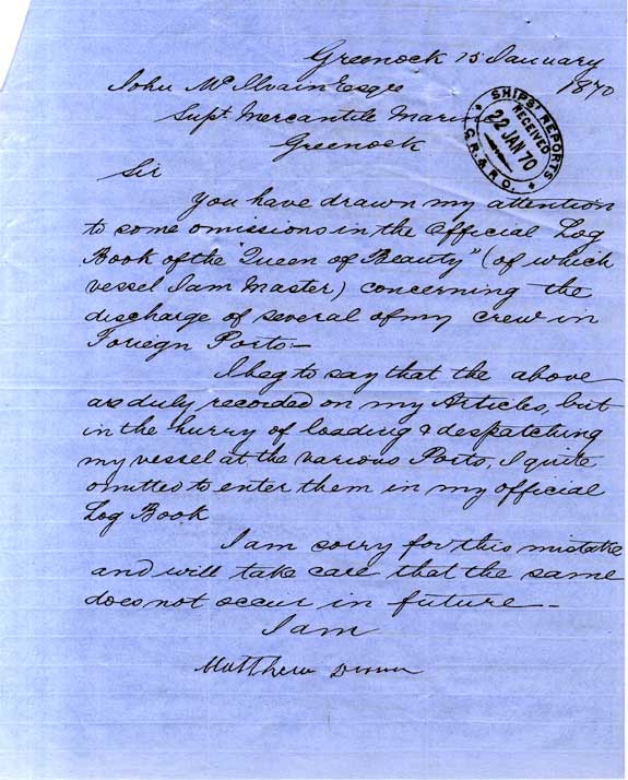 Matthew Dunn Letter, 1870