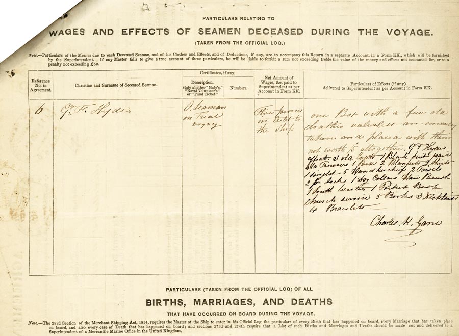 Particulars Relating to Wages and Effects of Seamen and Apprentices Deceased During the Voyage