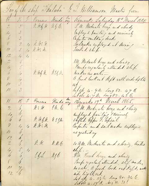 Inside Page of the Logbook of the Thalaba, 1867