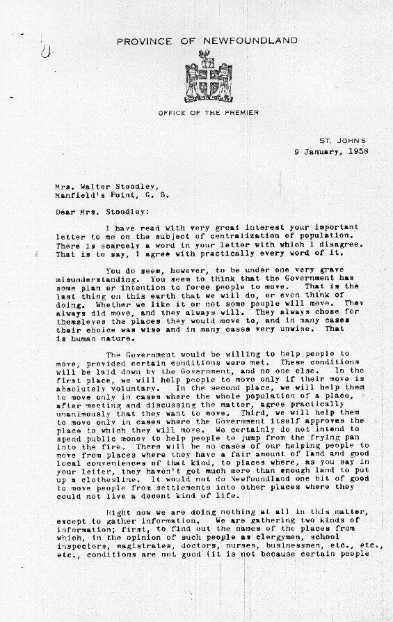 Smallwood Letter to Mrs. Walter Stoodley, 1958 Page 1