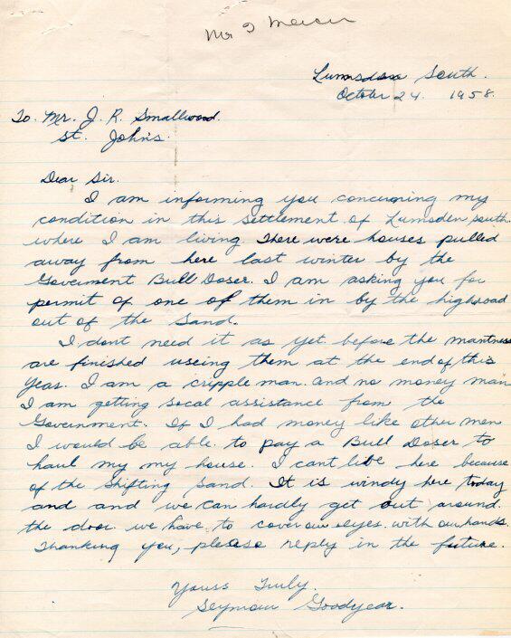 Seymour Goodyear Letter to J.R. Smallwood, 1958