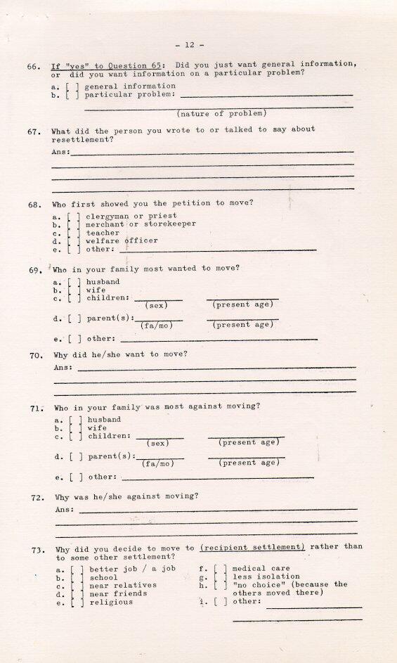 Household Resettlement Questionnaire, 1966 Pages 11-15 (Page 12)