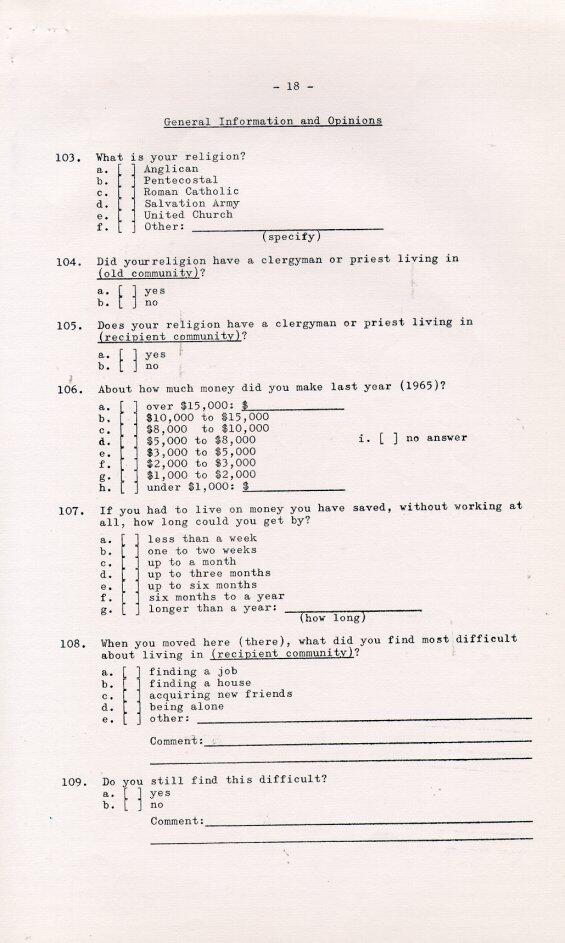 Household Resettlement Questionnaire, 1966 Pages 16-19 (Page 18)