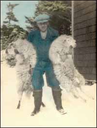 Frank Denty with two sheep at Coffin's Cove, Harbour Buffett, Placentia Bay.